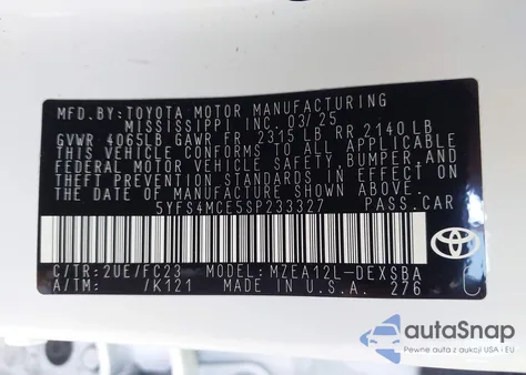 2025 Toyota Corolla Se z USA, uszkodzony, nr VIN 5YFS4MCE5SP233327